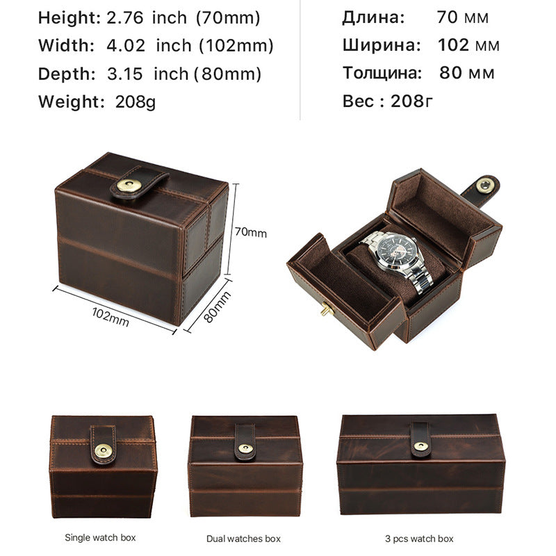 Retro Brown Crazy Horse Double Open Leather Watch Case with Magnetic Clasp
