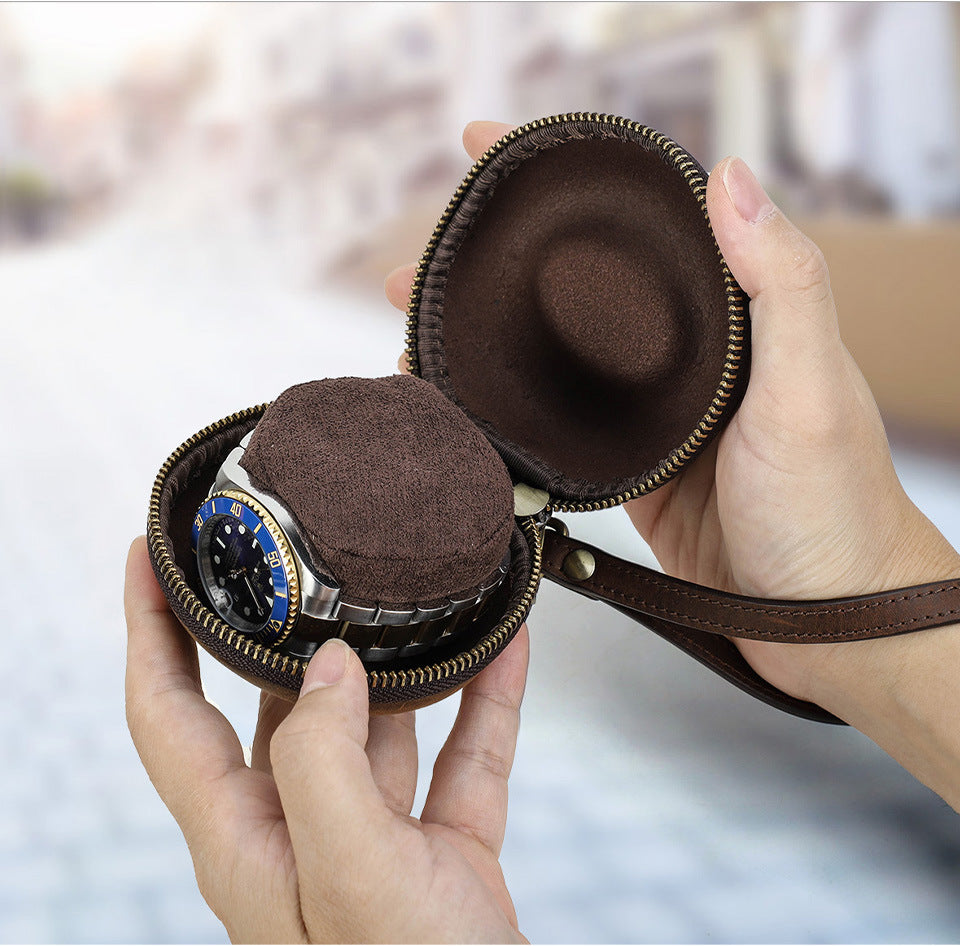 Vintage Leather Round Donut Watch Case for Single Watch Storage