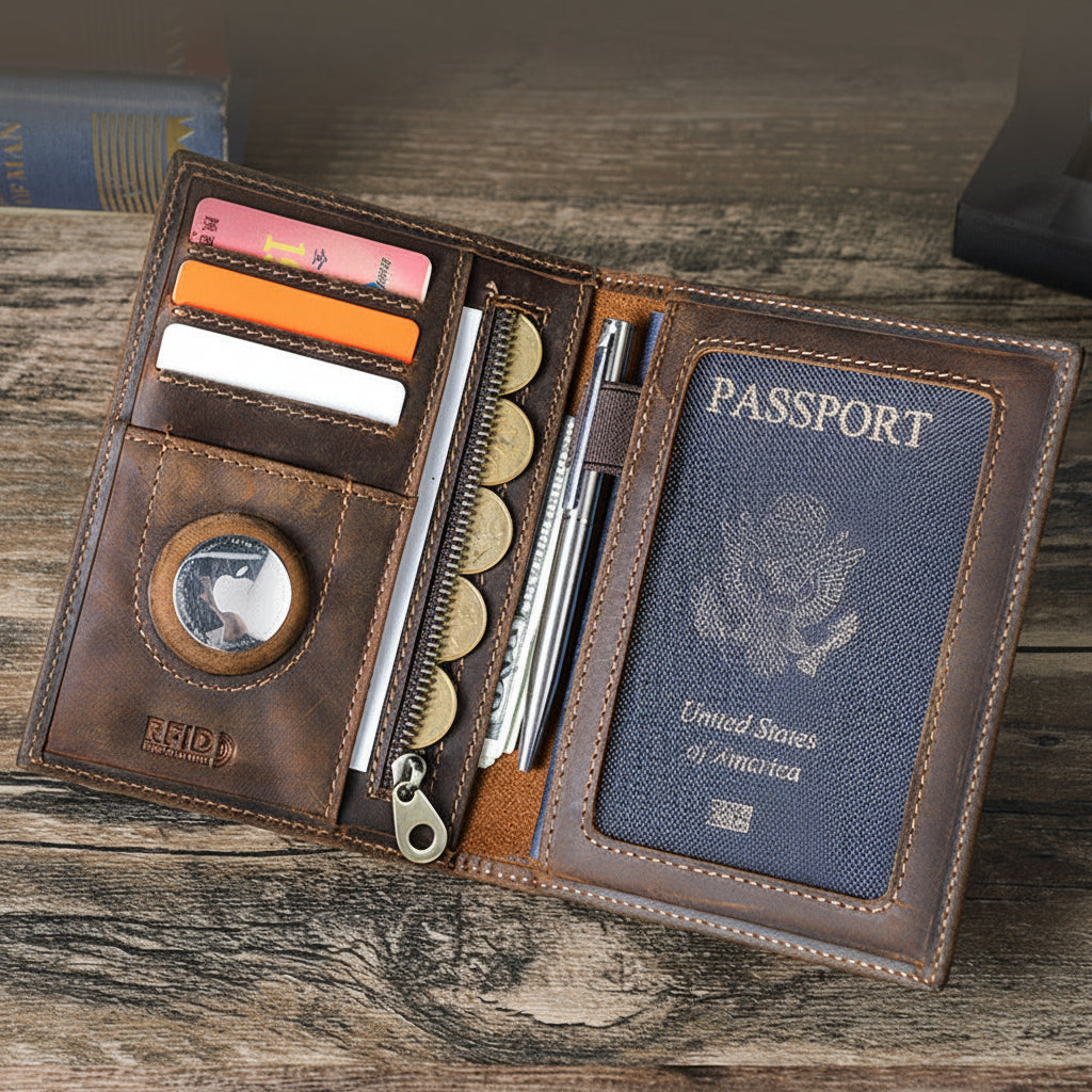Black Vintage Crazy Horse Leather RFID-Blocking Family Passport Wallet with AirTag Pocket