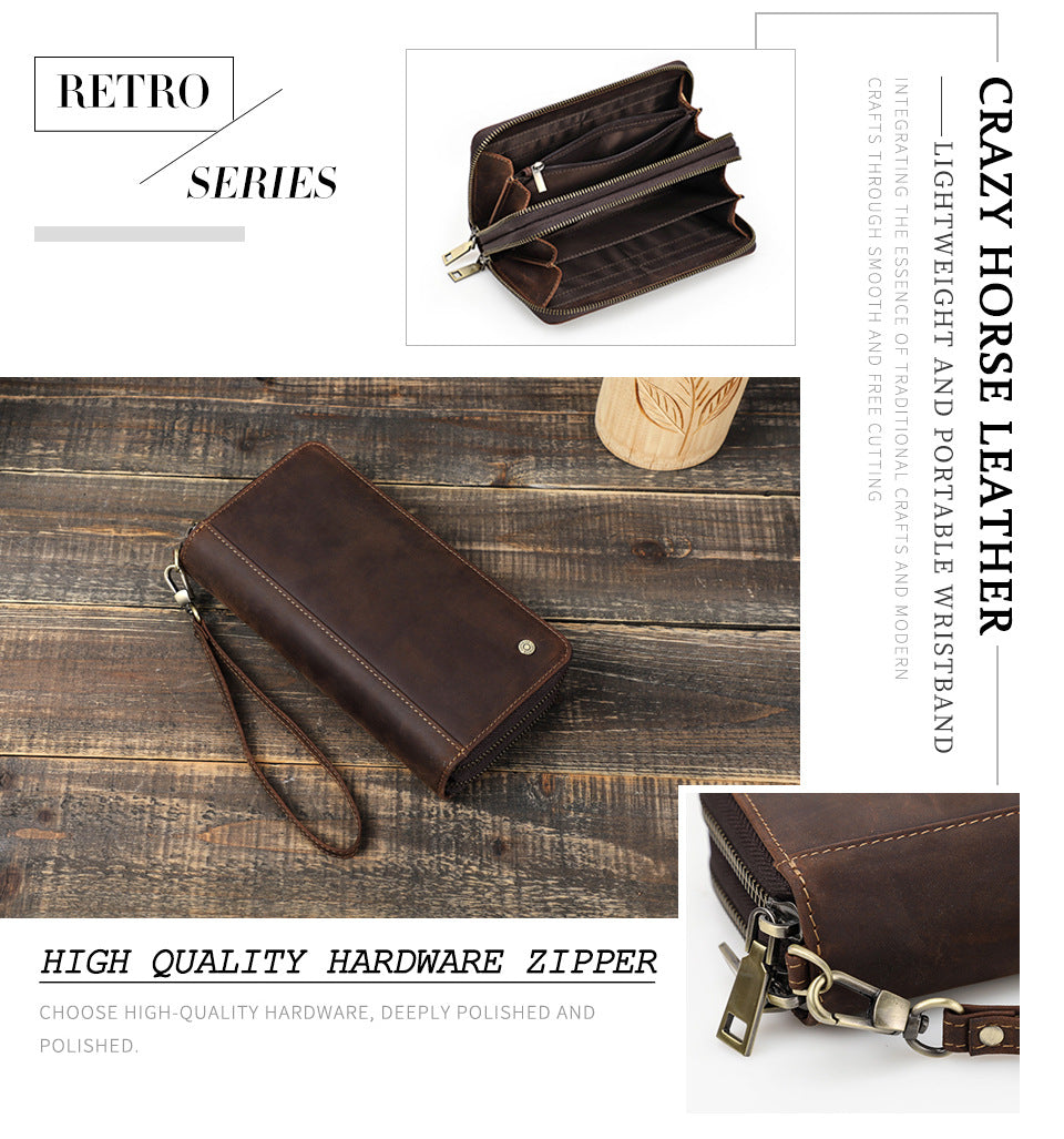 Men’s Vintage Crazy Horse Cowhide Double-Zip Clutch Wallet with Wrist Strap