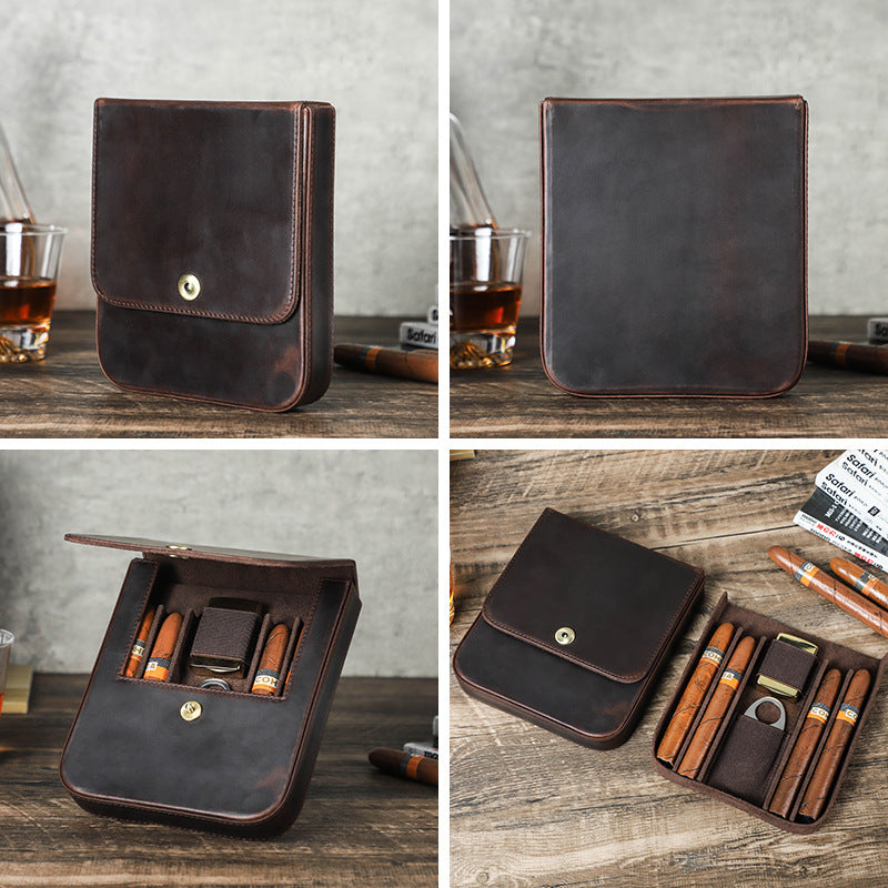 Brown Crazy Horse Leather Flip-Top Cigar Case with Magnetic Clasp – Holds 4 Cigars