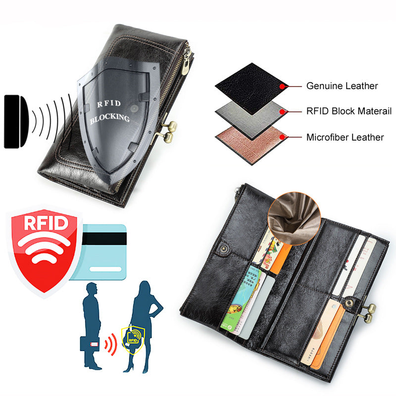 Top-Grain Cowhide Leather RFID-Blocking Long Wallet for Women with Metal Clasp