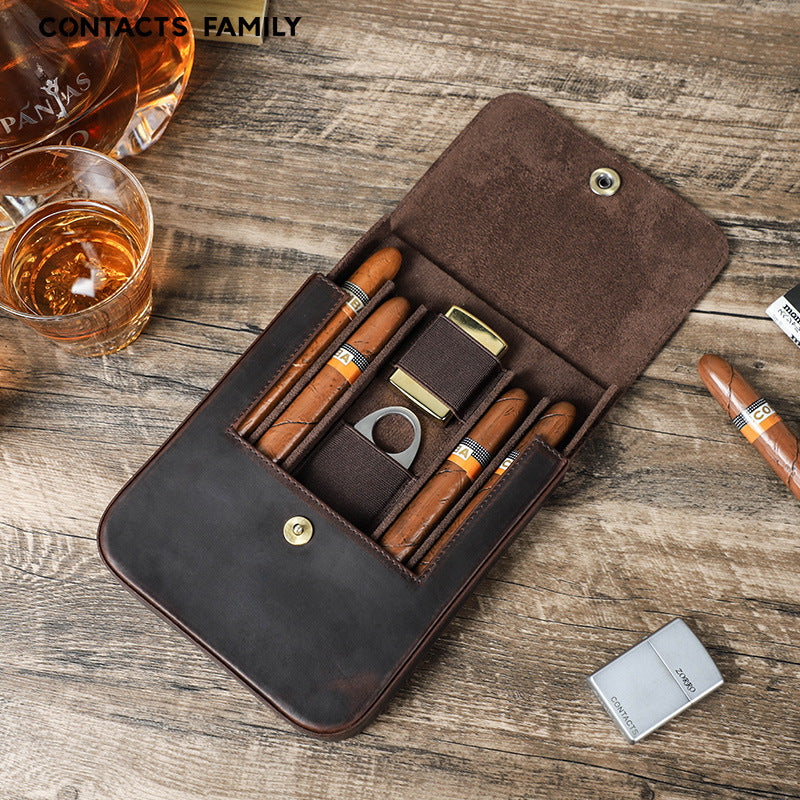 Brown Crazy Horse Leather Flip-Top Cigar Case with Magnetic Clasp – Holds 4 Cigars