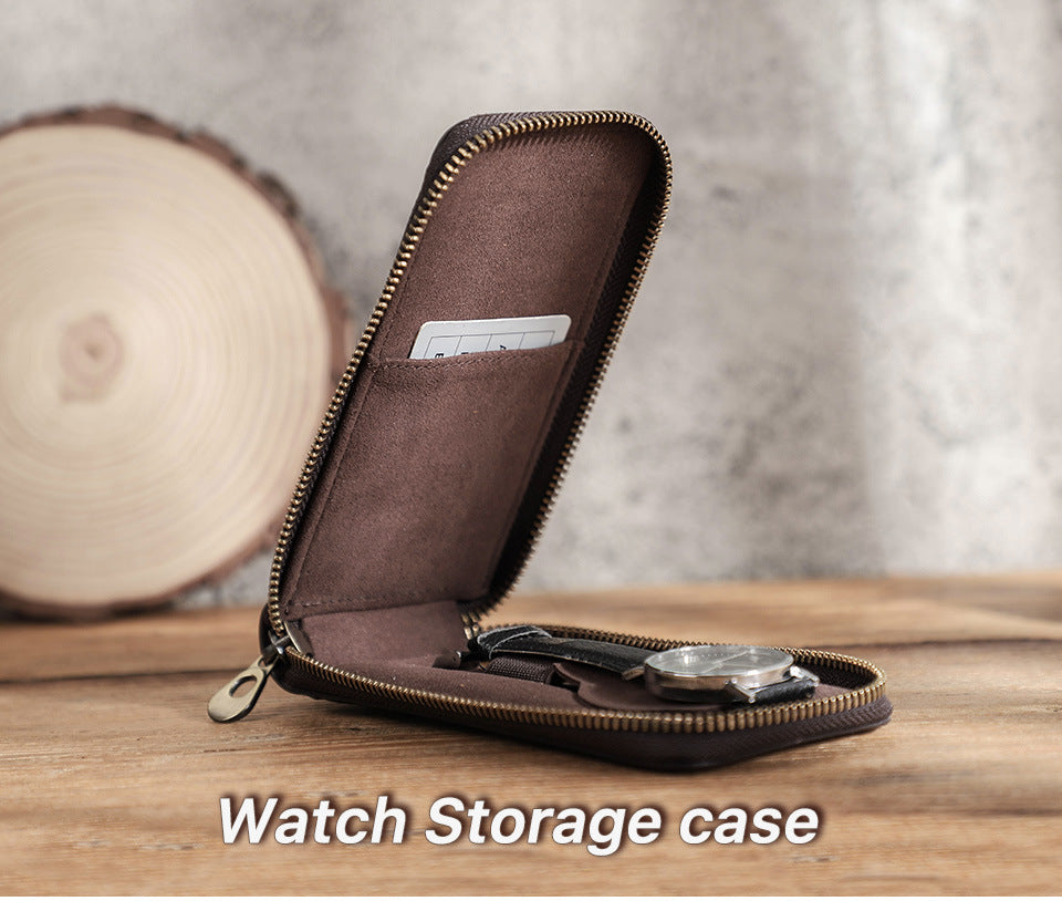 Vintage Crazy Horse Leather Zipper Travel Case for One Watch