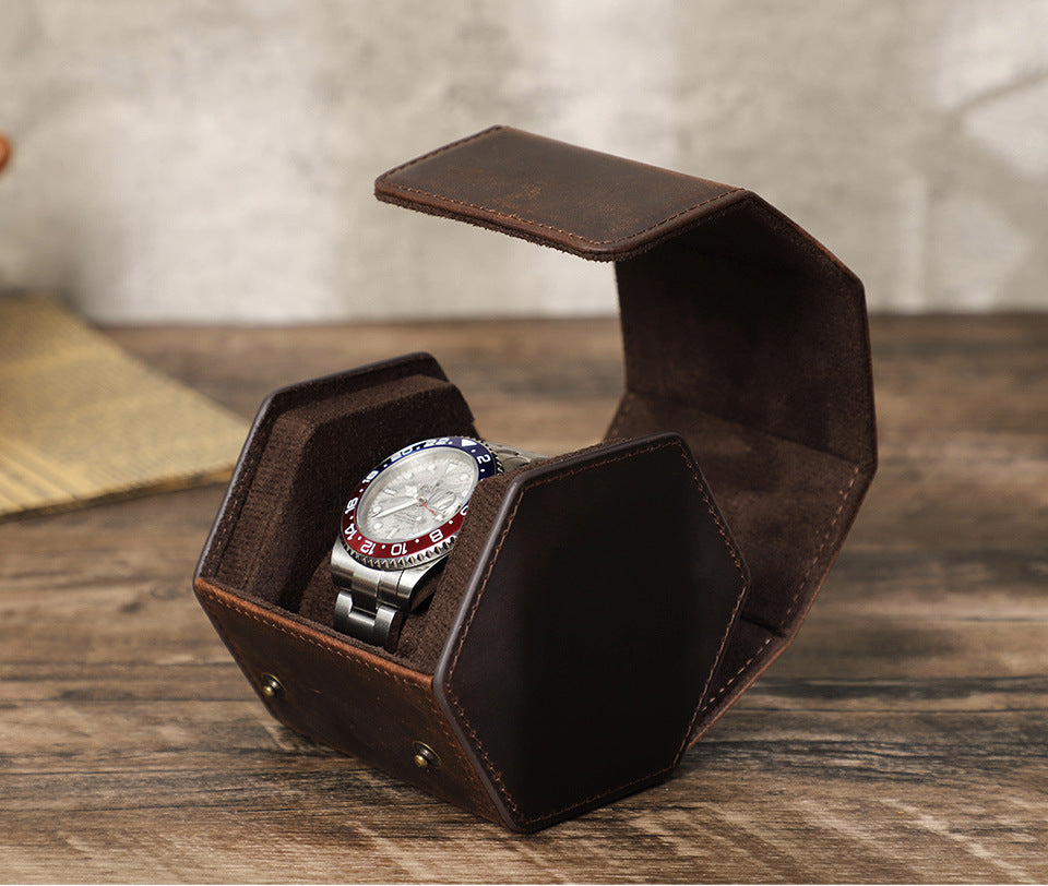Handcrafted Hexagon Leather Luxury Watch Travel Case