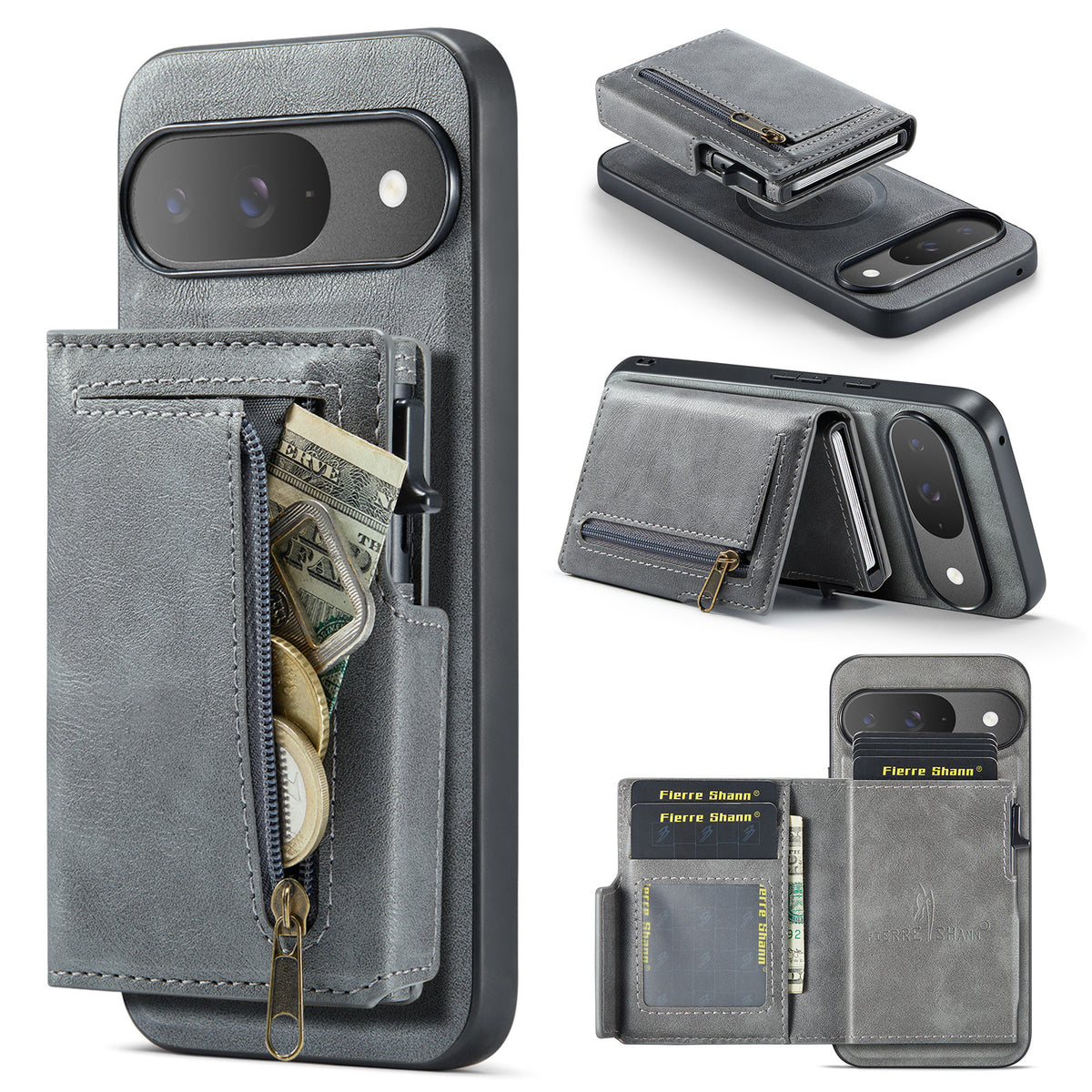 PU Leather Magnetic Pop-Up Card Wallet with Zipper Coin Pocket for Google Pixel