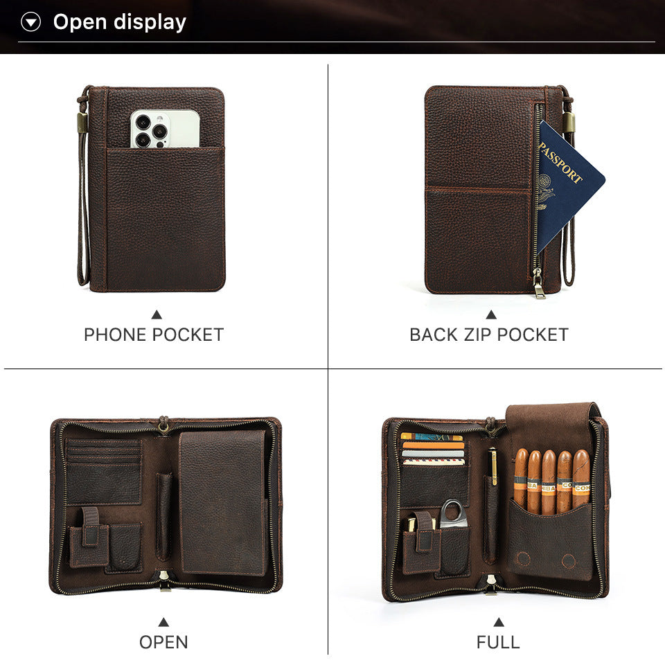 Genuine Leather Zipper Travel Cigar Case with Wrist Strap – Holds 5 Cigars