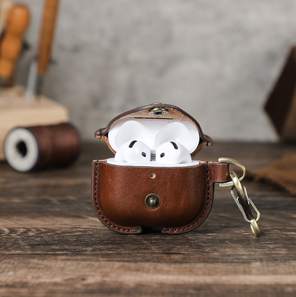 Full-Cover Cowhide Leather Case with Snap Closure for AirPods 4