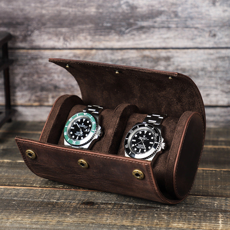 Vintage Crazy Horse Leather Double Watch Travel Case