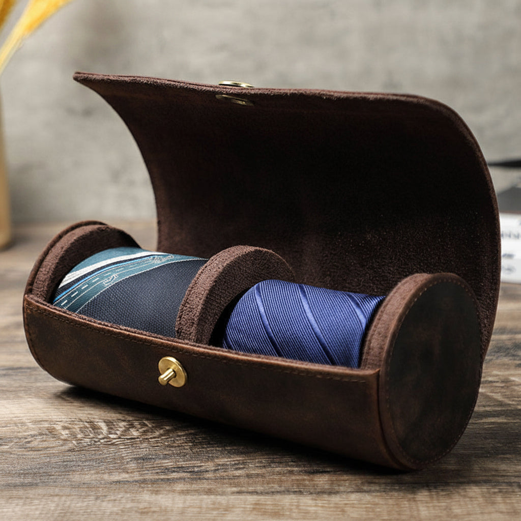 Handmade Vintage Crazy Horse Leather Cylindrical Case for Two Ties with Magnetic Clasp