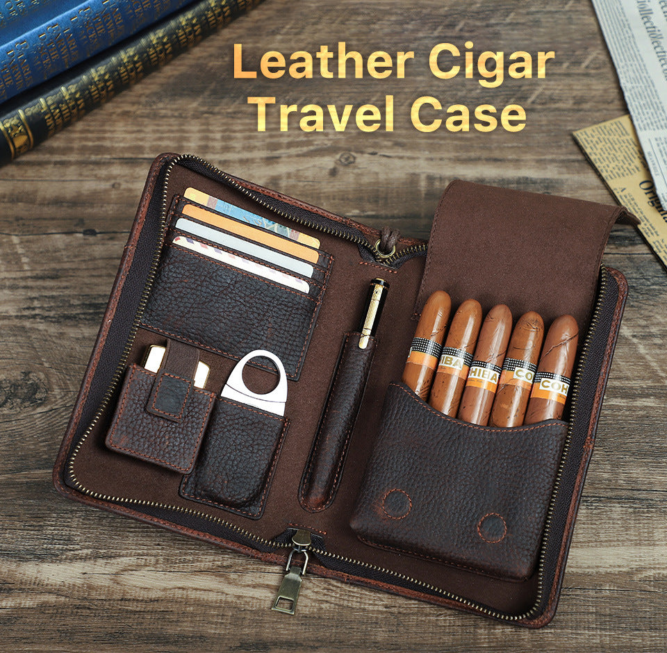 Genuine Leather Zipper Travel Cigar Case with Wrist Strap – Holds 5 Cigars