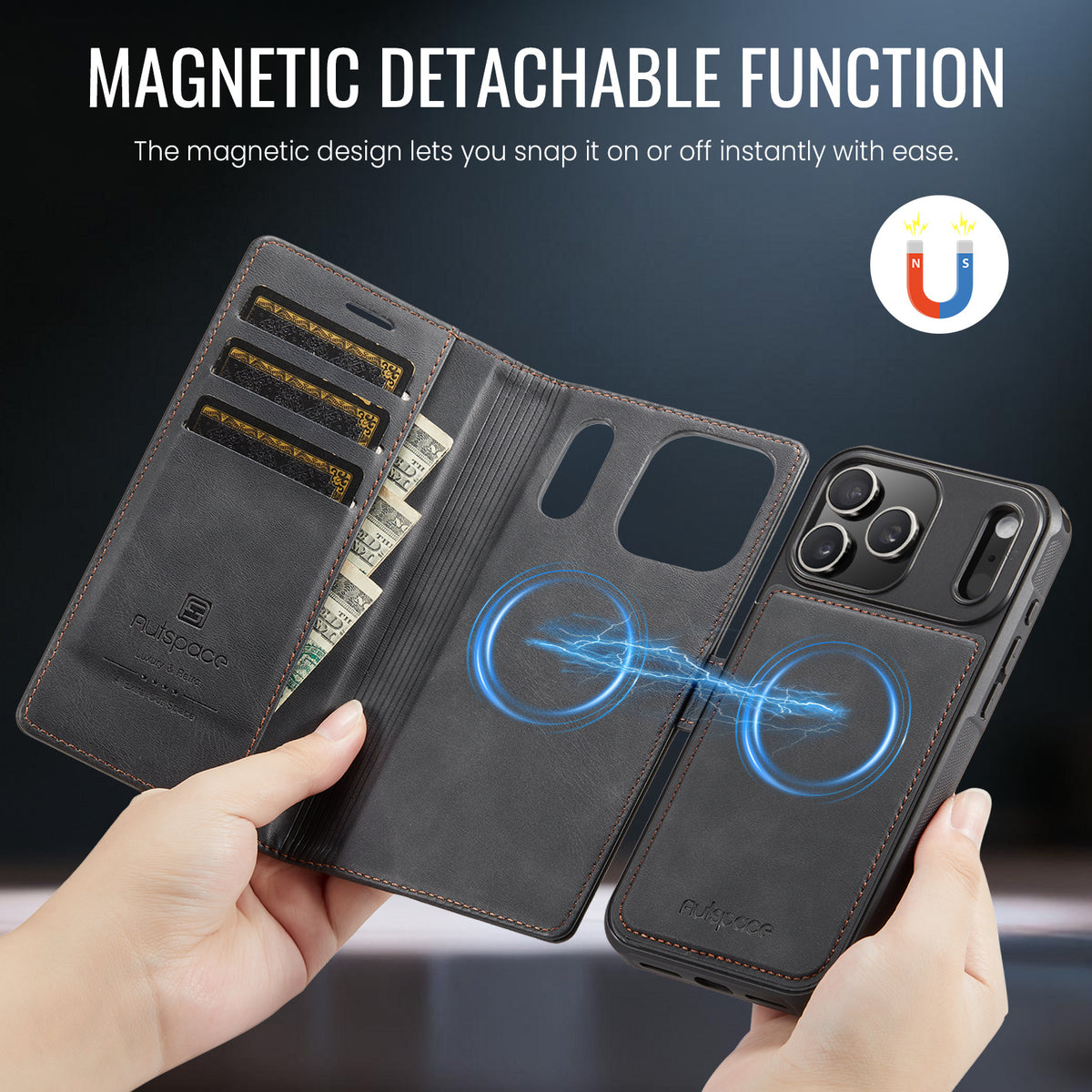 2-in-1 MagSafe-Compatible PU Leather Flip Case with Card Holder Stand for iPhone 12-17 series
