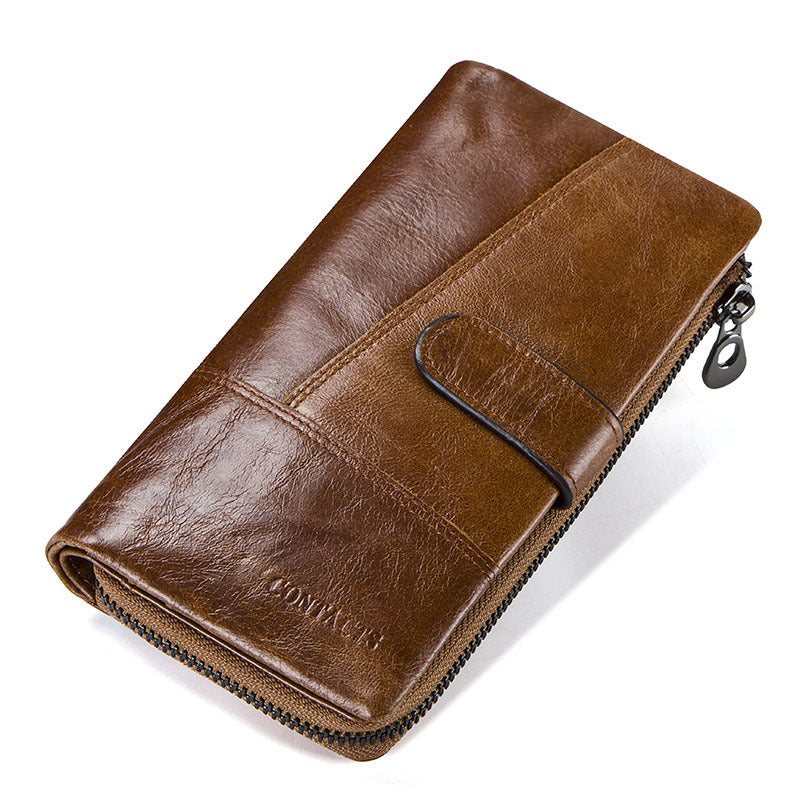 Men’s Top-Grain Cowhide Leather Long Clutch Wallet with Clasp Closure
