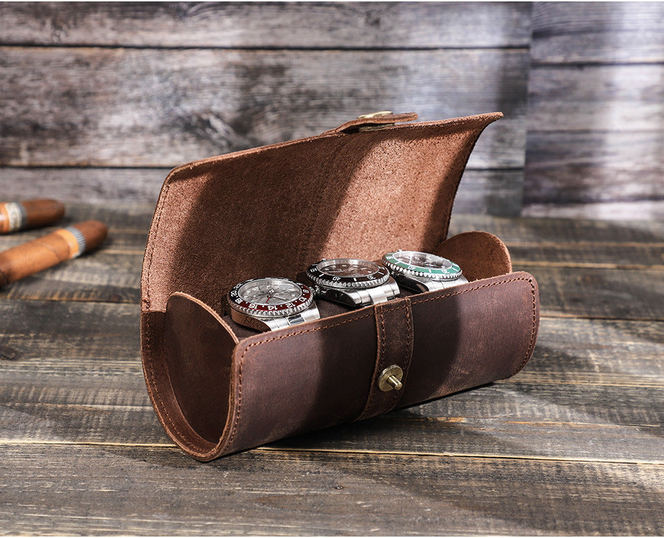 Vintage Crazy Horse Leather Watch Case with Round Clasp for Three Watches