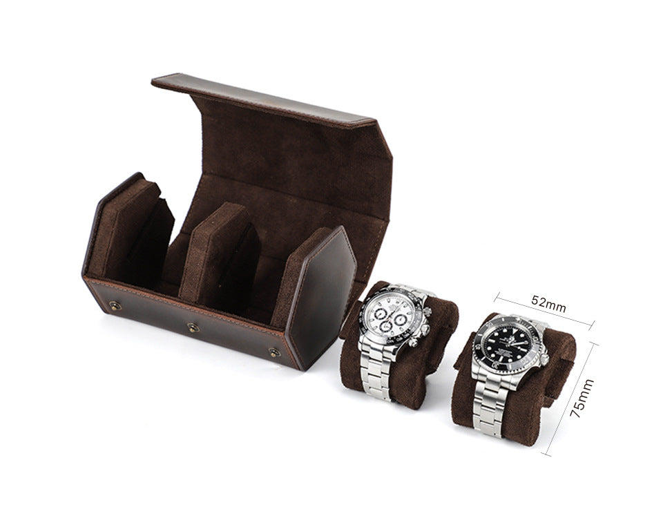 Vintage Hexagon Crazy Horse Leather Watch Case for Two Watches