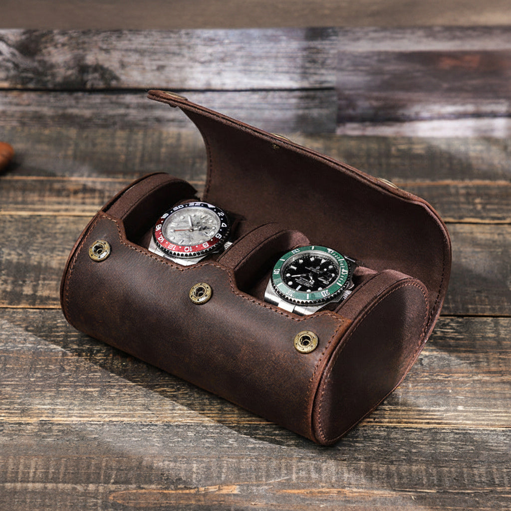 Vintage Crazy Horse Leather Travel Watch Roll for Two Watches