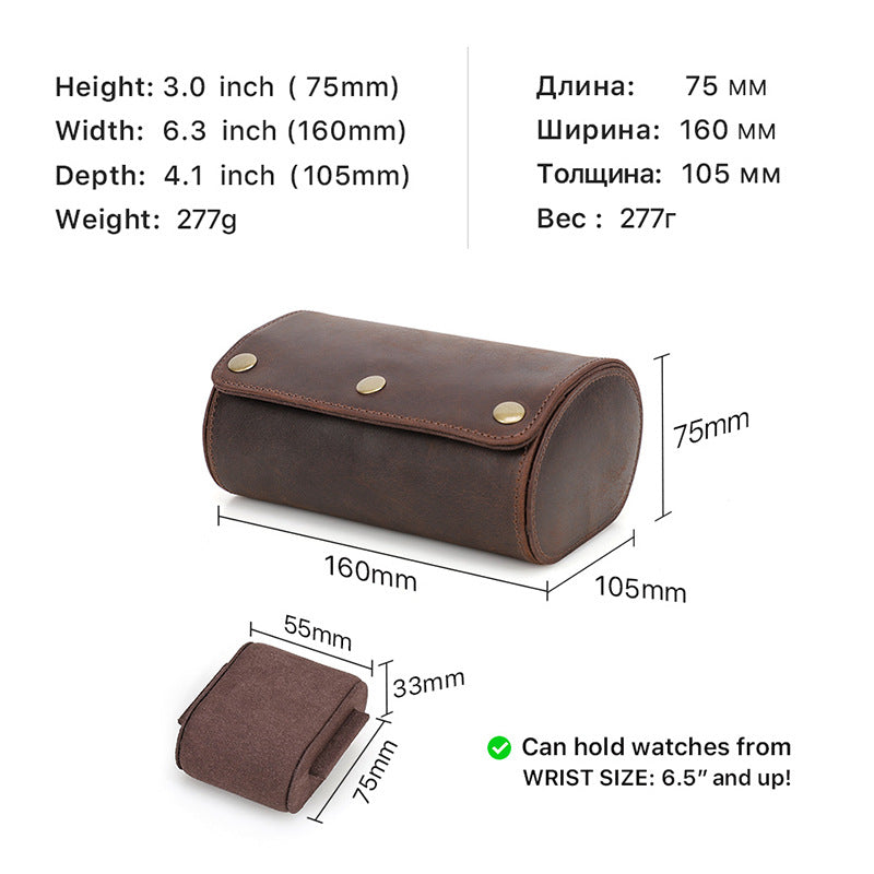 Vintage Crazy Horse Leather Travel Watch Roll for Two Watches