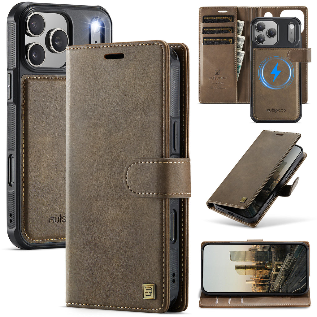 2-in-1 MagSafe-Compatible PU Leather Flip Case with Card Holder Stand for iPhone 12-17 series