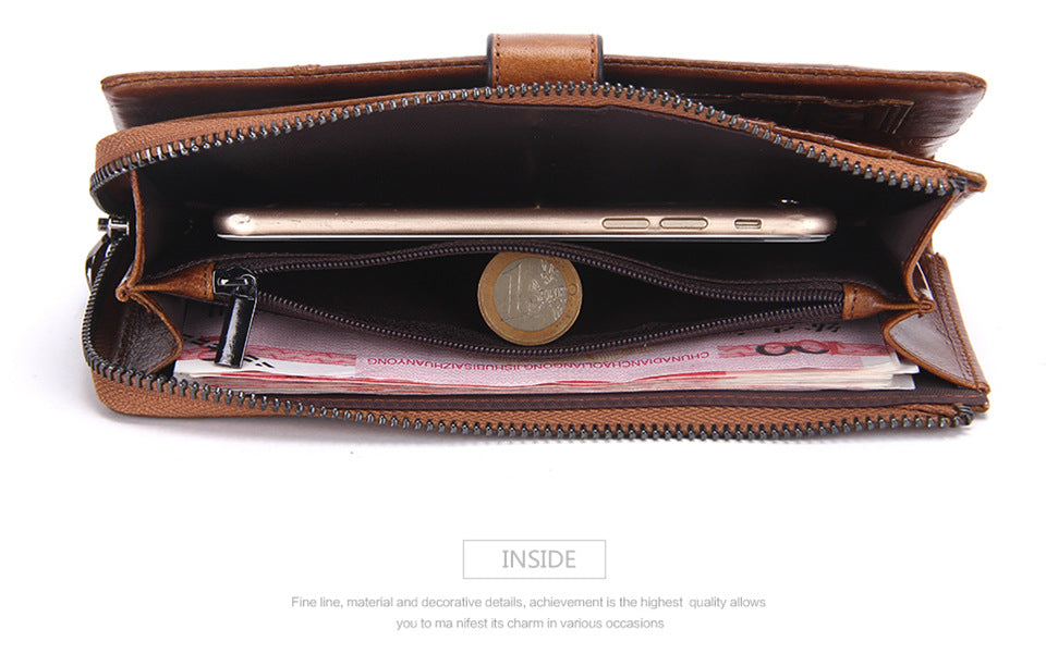 Men’s Top-Grain Cowhide Leather Long Clutch Wallet with Clasp Closure