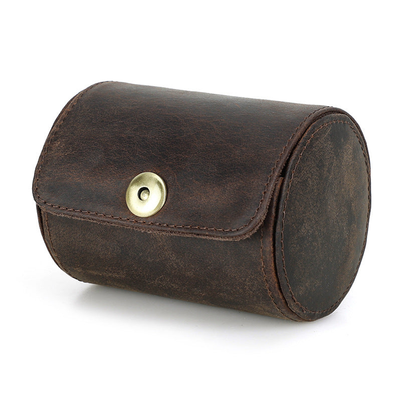 Handmade Genuine Leather Round Tie Travel Case with Magnetic Closure