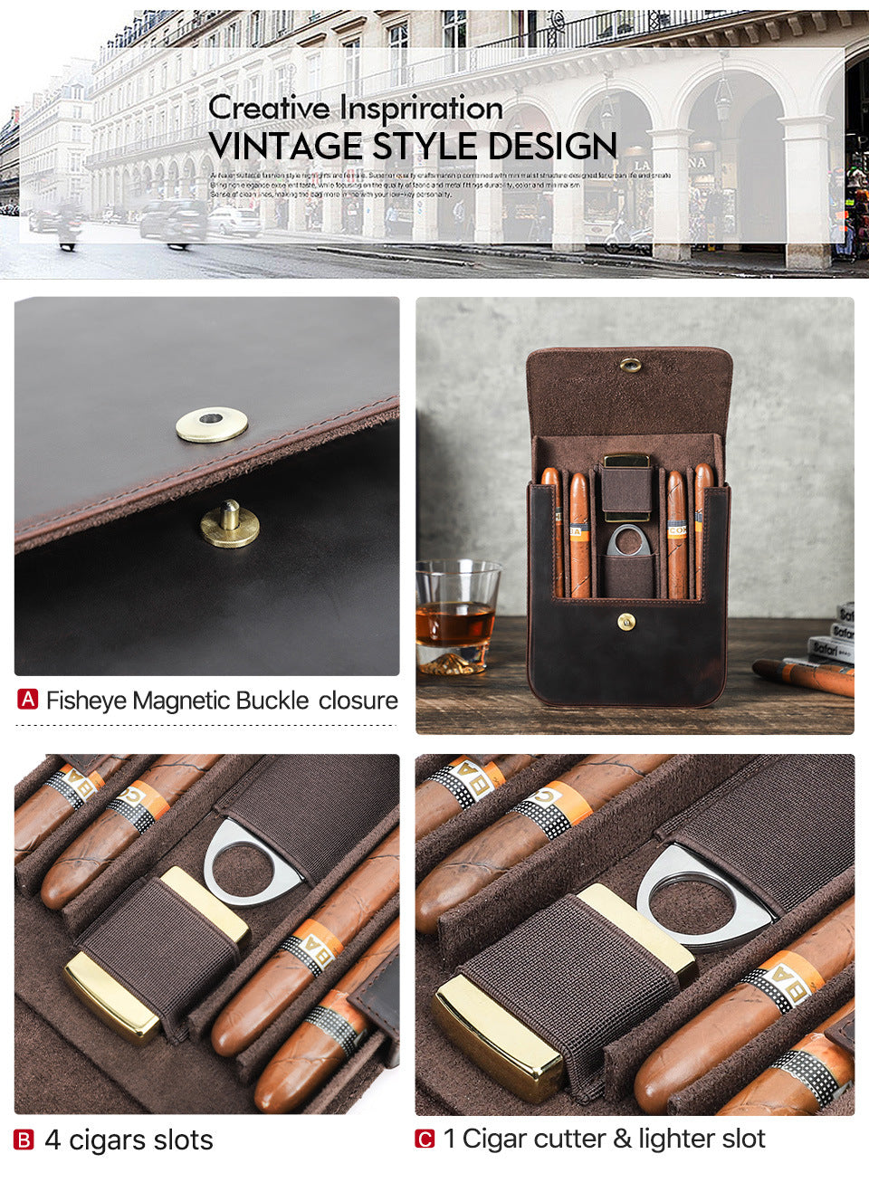 Brown Crazy Horse Leather Flip-Top Cigar Case with Magnetic Clasp – Holds 4 Cigars