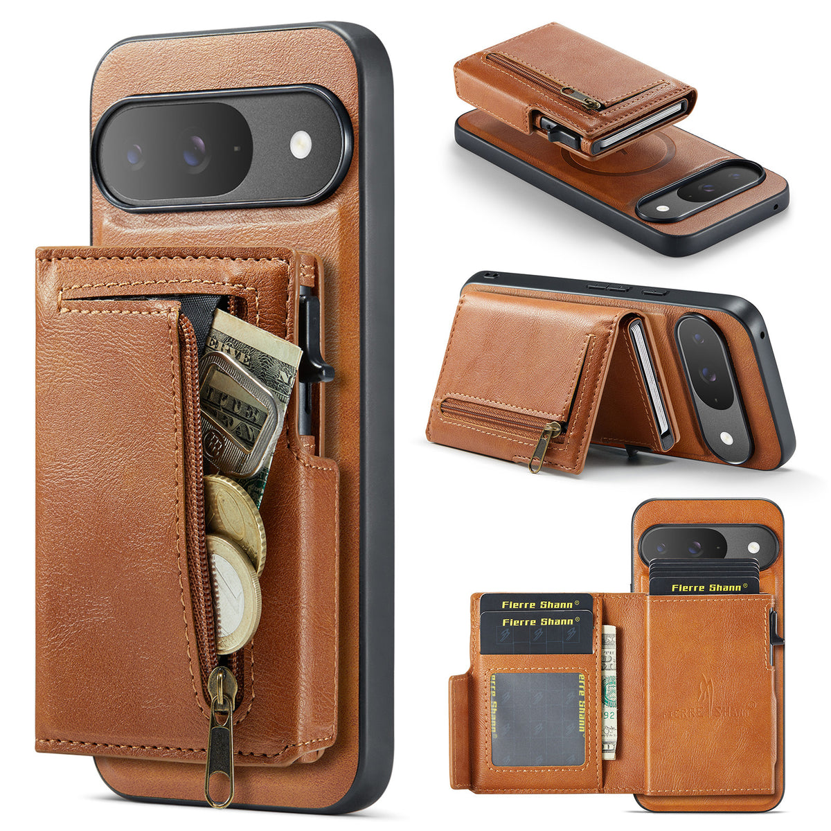 PU Leather Magnetic Pop-Up Card Wallet with Zipper Coin Pocket for Google Pixel