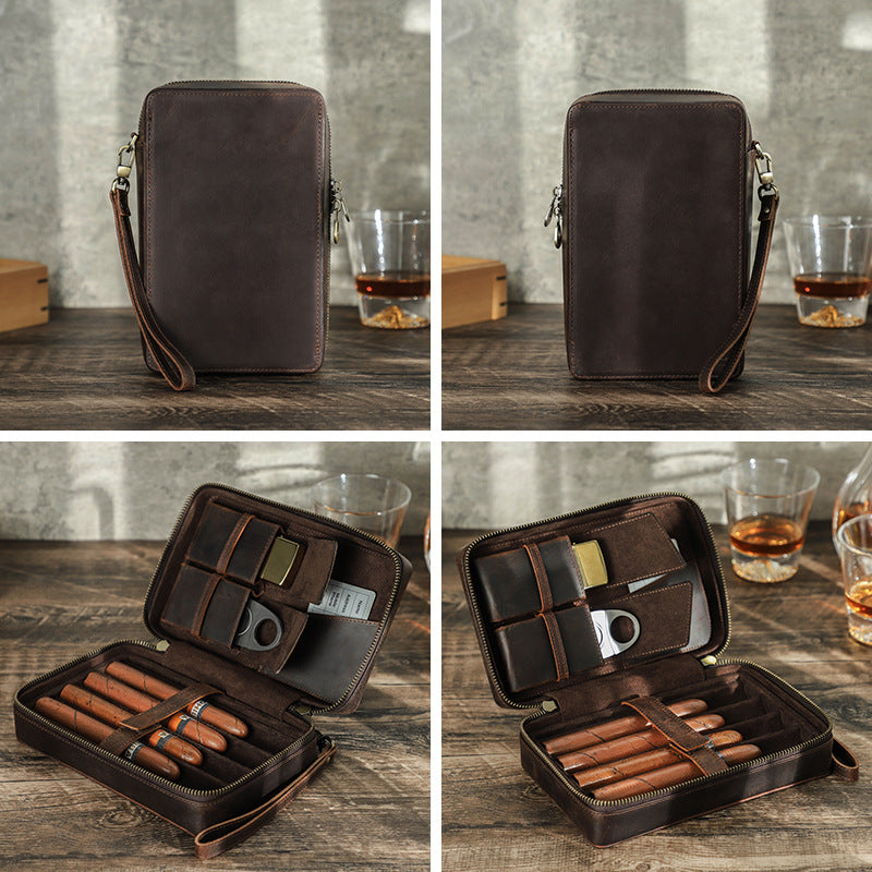 Vintage Crazy Horse Leather Zipper Travel Cigar Case with Wrist Strap – Holds 4 Cigars