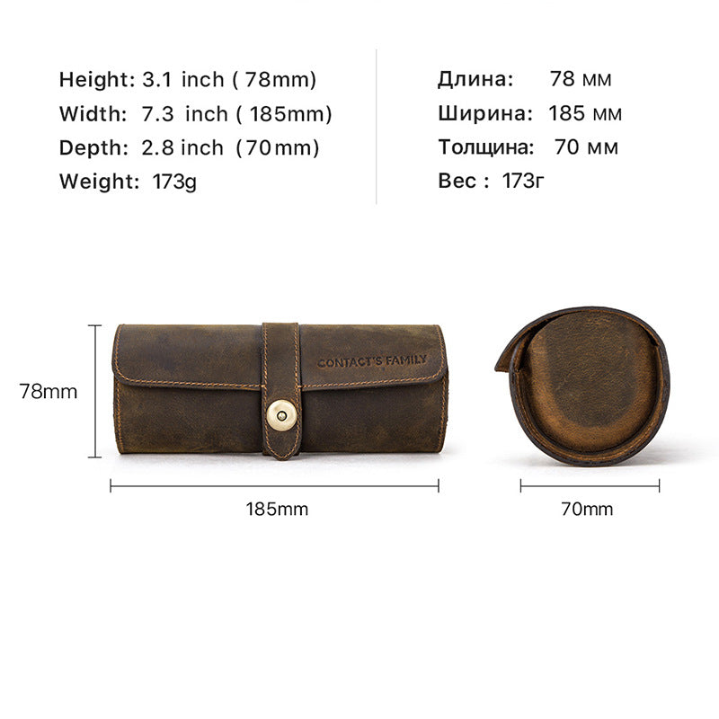 Vintage Crazy Horse Leather Watch Case with Round Clasp for Three Watches