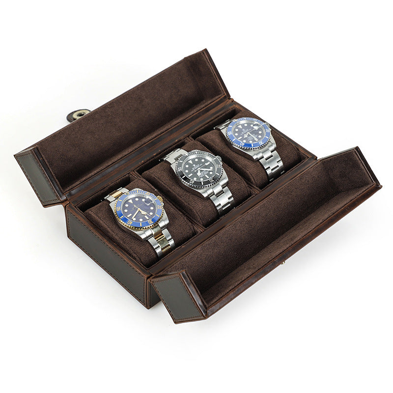 Vintage Crazy Horse Leather Travel Watch Square Case with Magnetic Clasp for Three Watches
