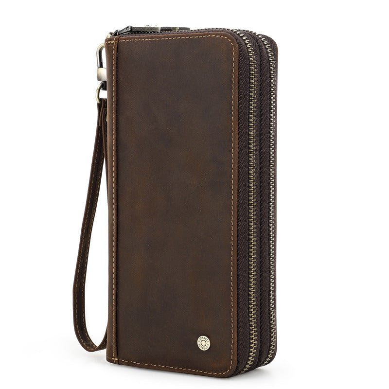 Men’s Vintage Crazy Horse Cowhide Double-Zip Clutch Wallet with Wrist Strap