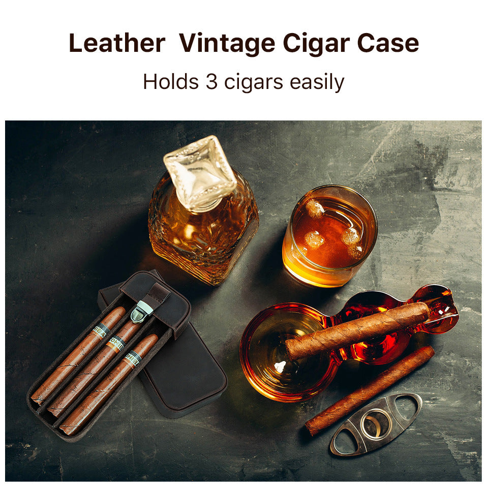 Handmade Cowhide Leather Drawer-Style Cigar Case with Lock – Holds 3 Cigars