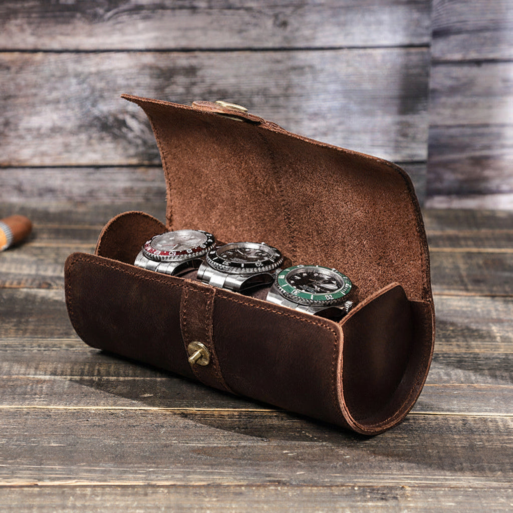 Vintage Crazy Horse Leather Watch Case with Round Clasp for Three Watches