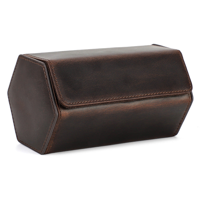 Vintage Hexagon Crazy Horse Leather Watch Case for Two Watches