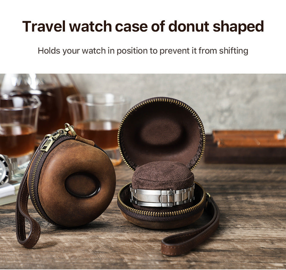 Vintage Leather Round Donut Watch Case for Single Watch Storage