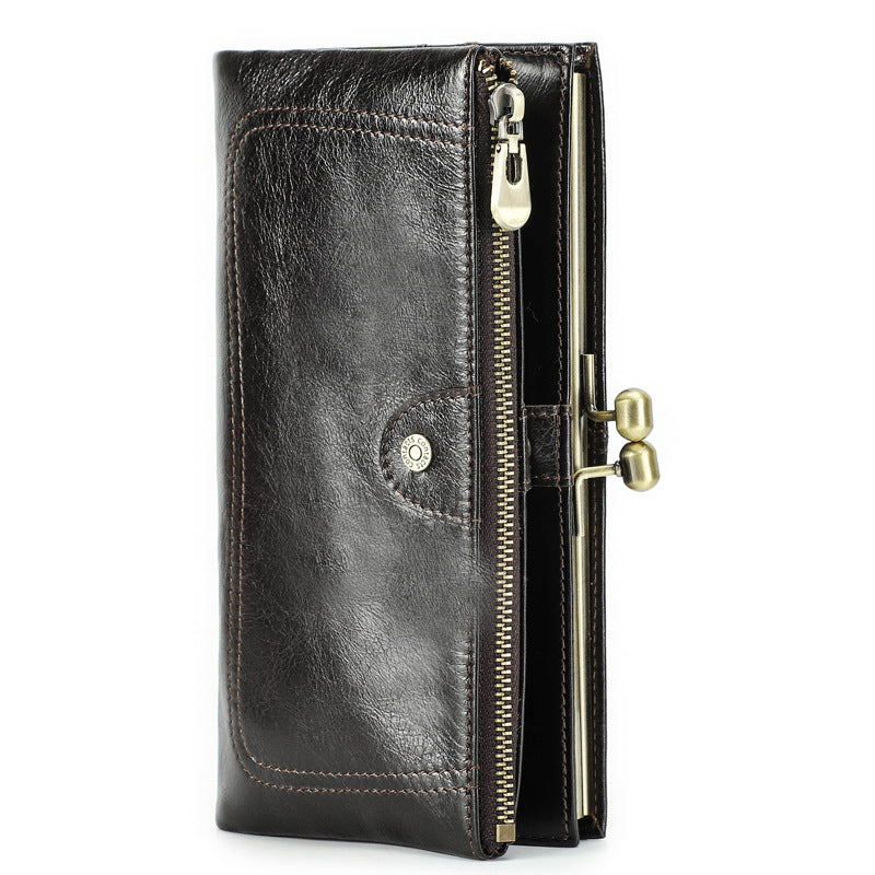 Top-Grain Cowhide Leather RFID-Blocking Long Wallet for Women with Metal Clasp