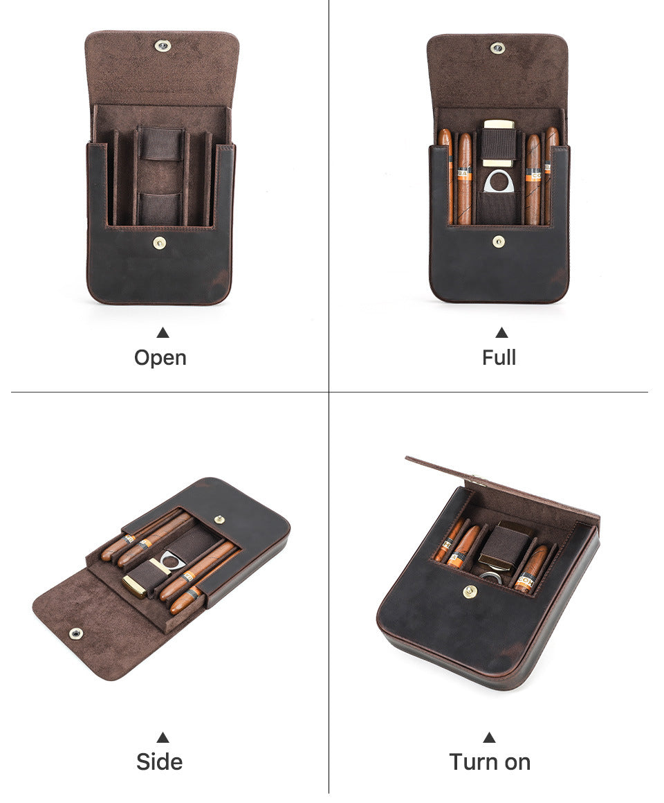 Brown Crazy Horse Leather Flip-Top Cigar Case with Magnetic Clasp – Holds 4 Cigars