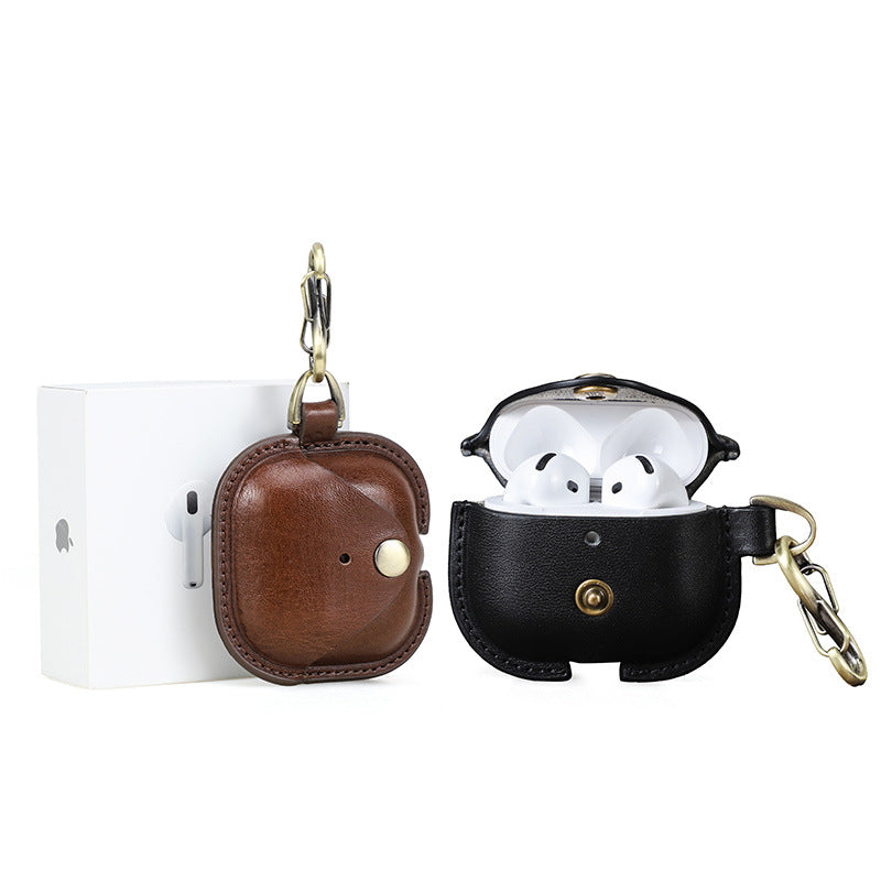 Full-Cover Cowhide Leather Case with Snap Closure for AirPods 4