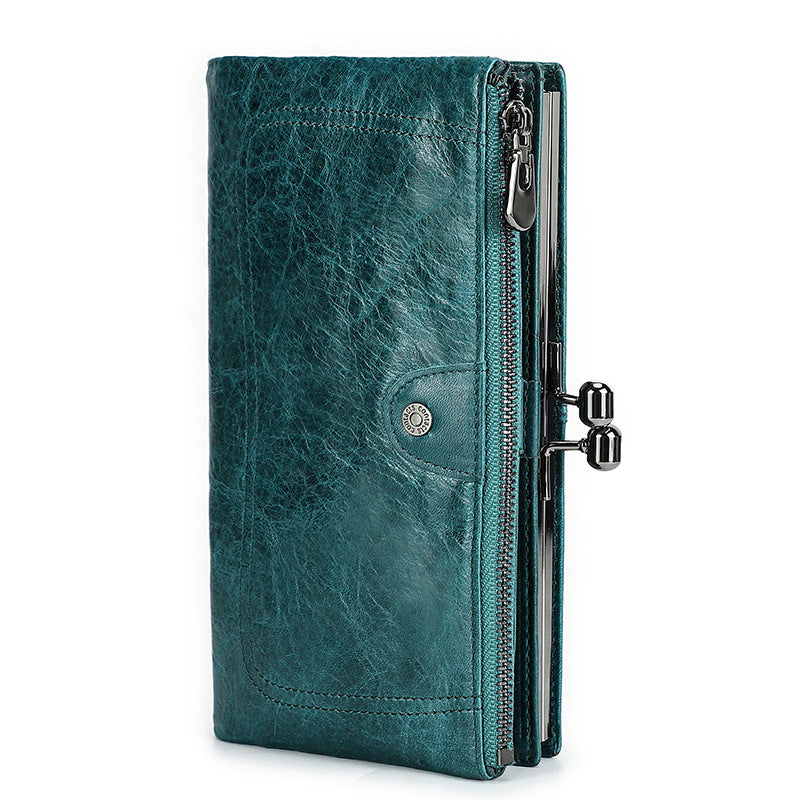 Top-Grain Cowhide Leather RFID-Blocking Long Wallet for Women with Metal Clasp