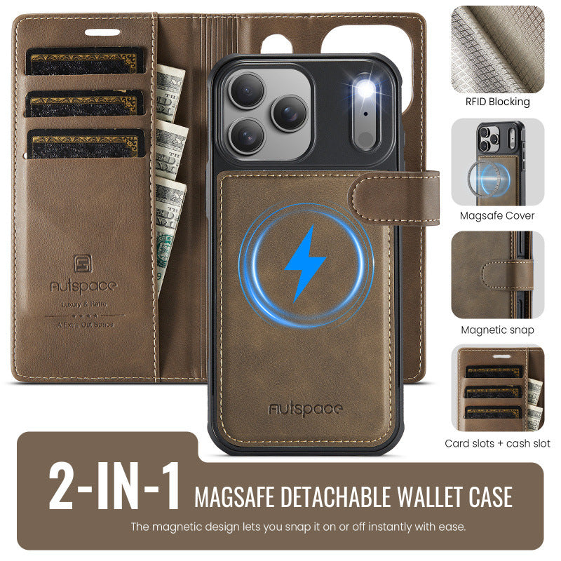 2-in-1 MagSafe-Compatible PU Leather Flip Case with Card Holder Stand for iPhone 12-17 series