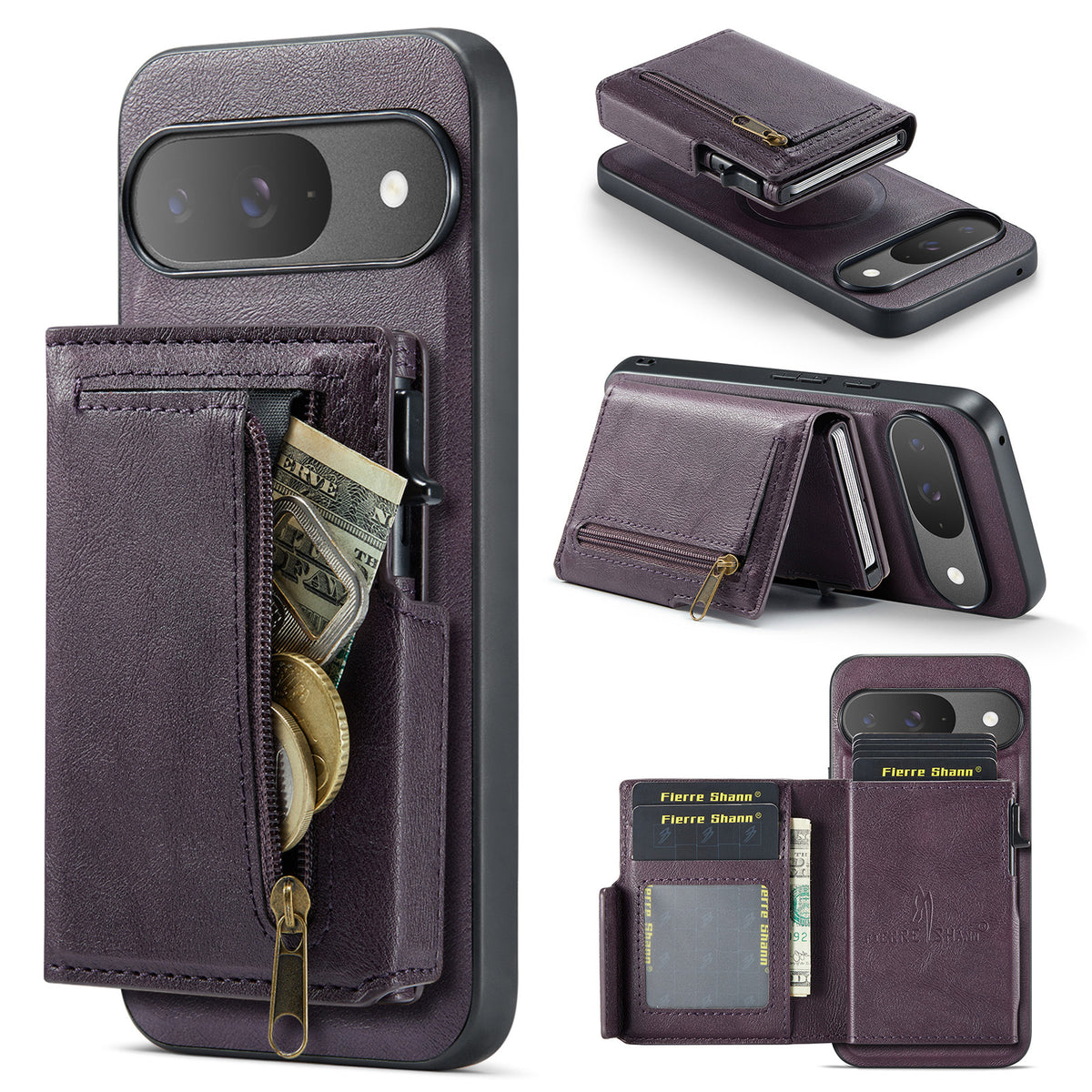 PU Leather Magnetic Pop-Up Card Wallet with Zipper Coin Pocket for Google Pixel