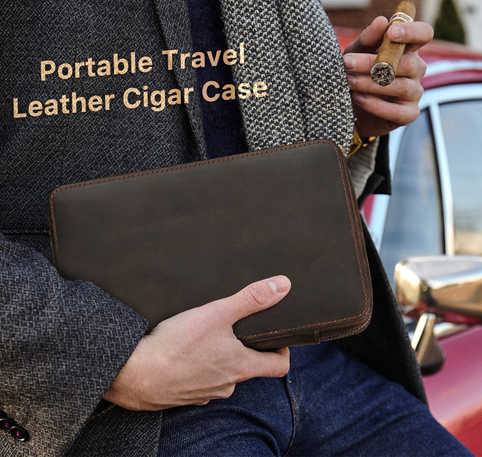 Vintage Crazy Horse Leather Zipper Travel Cigar Case with Wrist Strap – Holds 4 Cigars