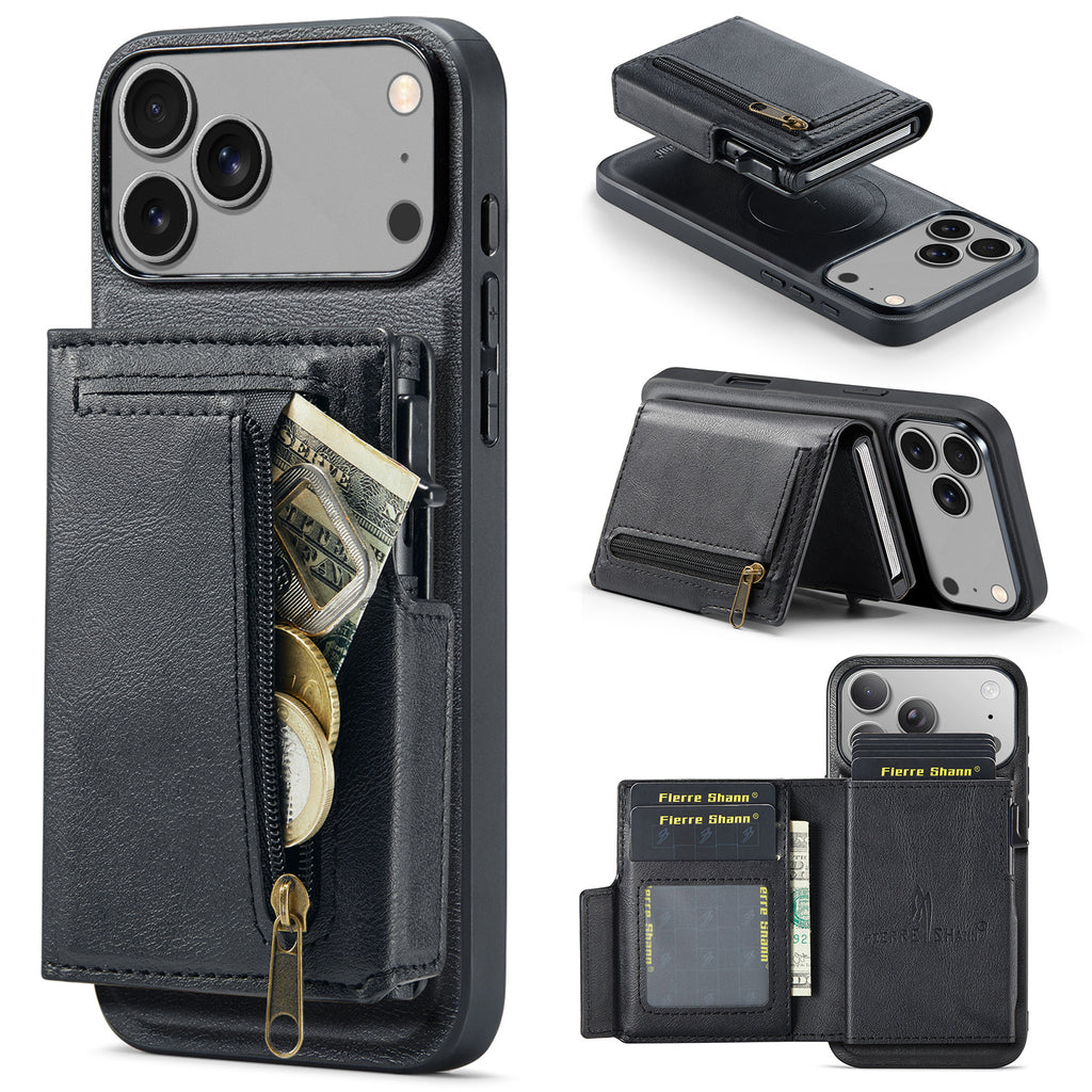 2-in-1 MagSafe PU Leather Case with Detachable Card Holder Stand for iPhone 11-17 Series
