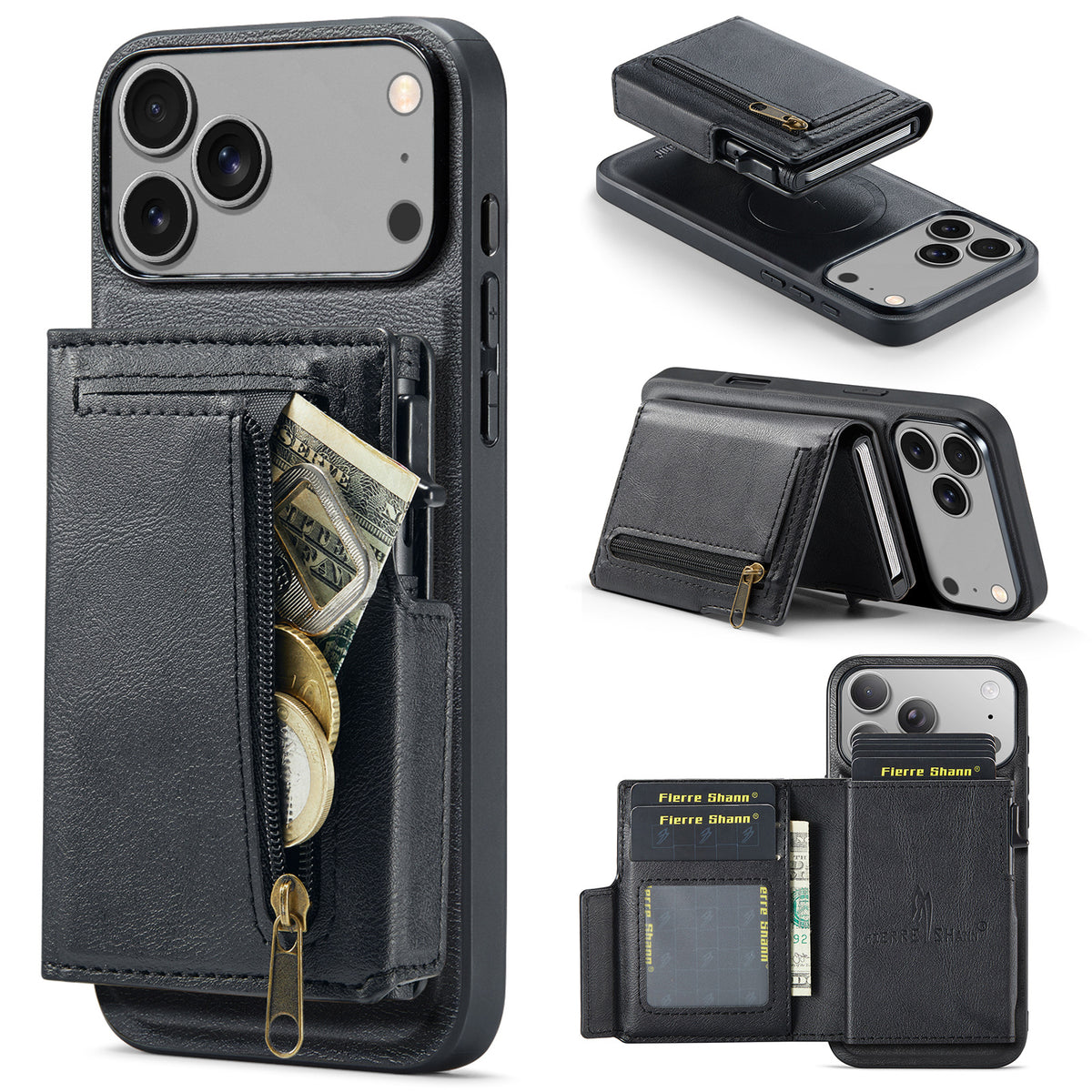 2-in-1 MagSafe PU Leather Case with Detachable Card Holder Stand for iPhone 11-17 Series