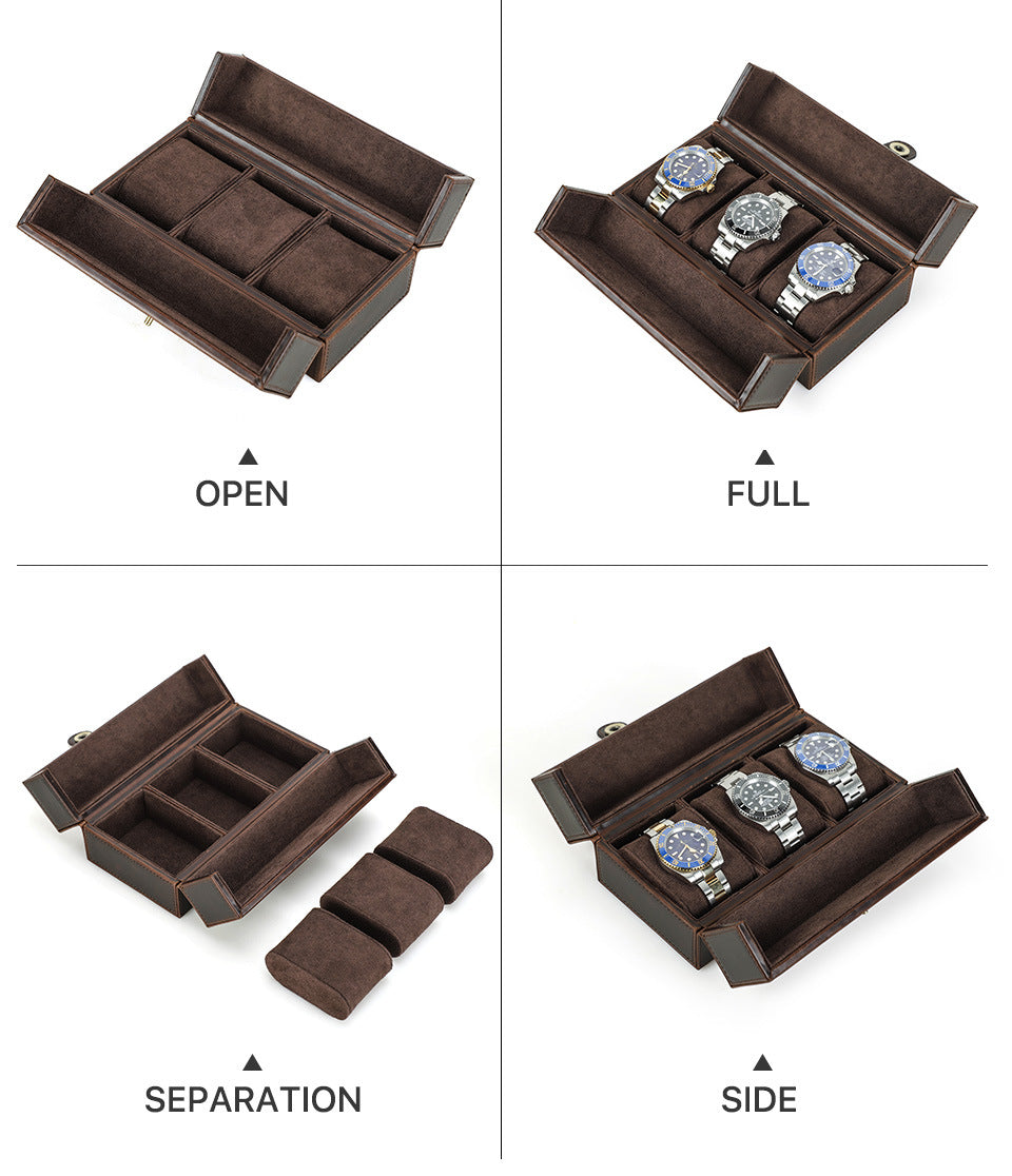 Vintage Crazy Horse Leather Travel Watch Square Case with Magnetic Clasp for Three Watches