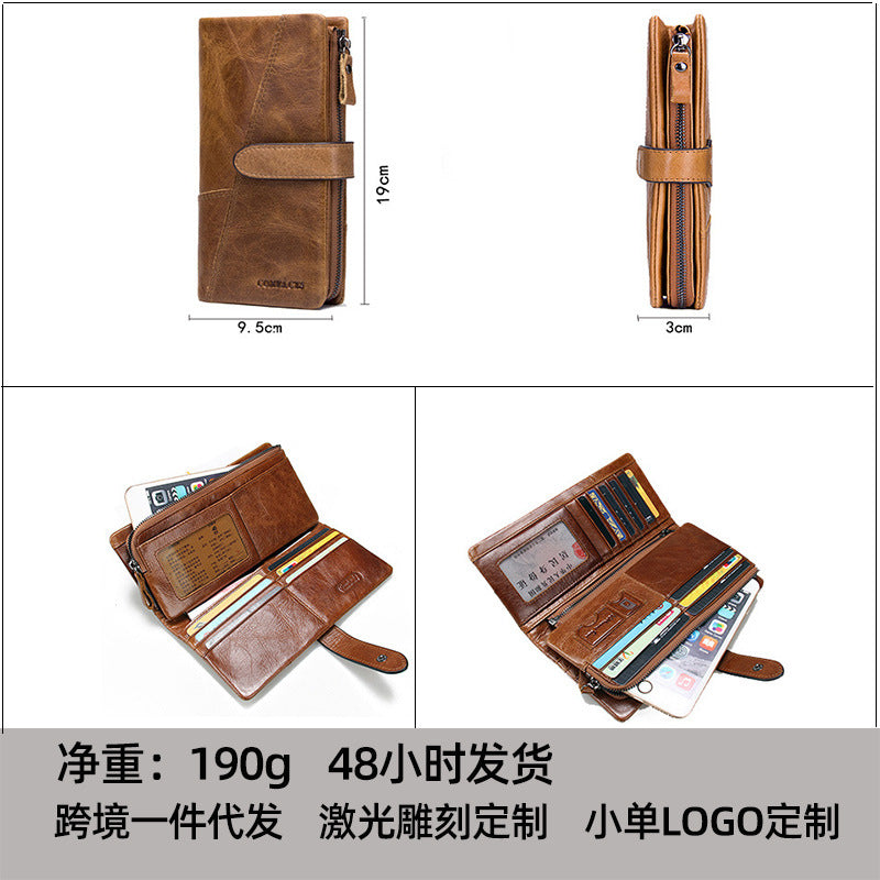 Men’s Cowhide Leather Tri-Fold Clutch Wallet with Clasp Closure