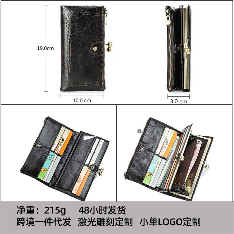 Top-Grain Cowhide Leather RFID-Blocking Long Wallet for Women with Metal Clasp