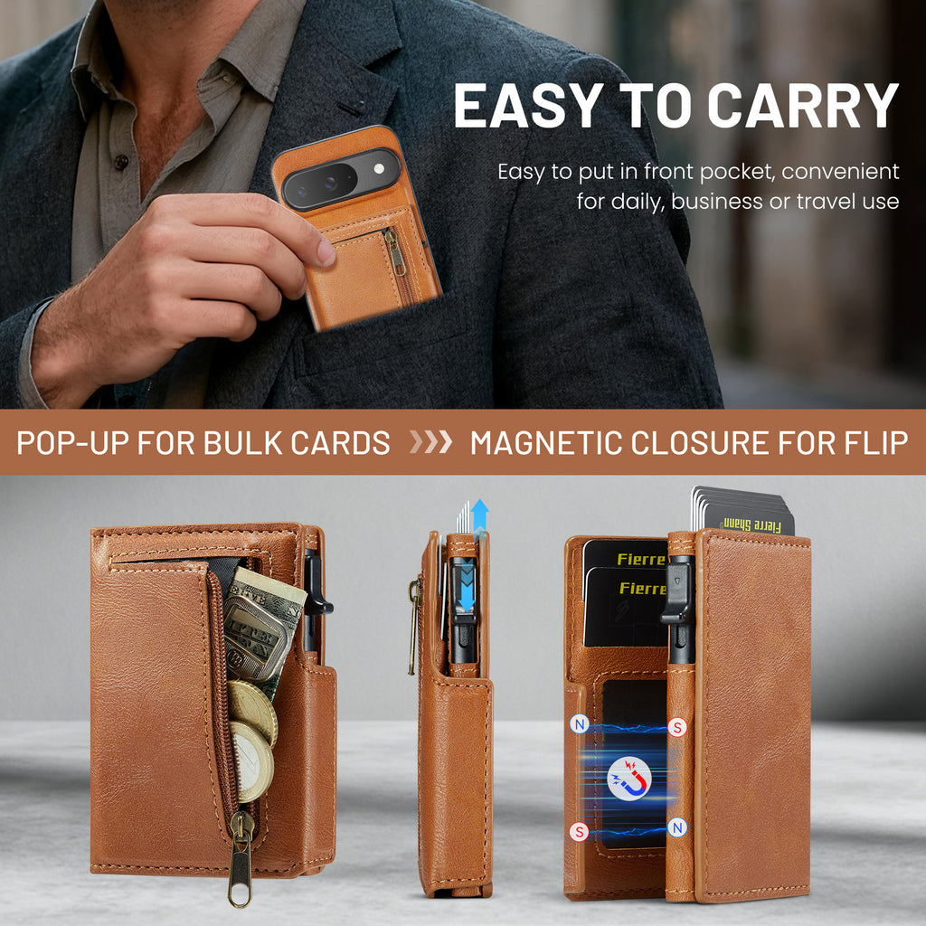 PU Leather Magnetic Pop-Up Card Wallet with Zipper Coin Pocket for Google Pixel