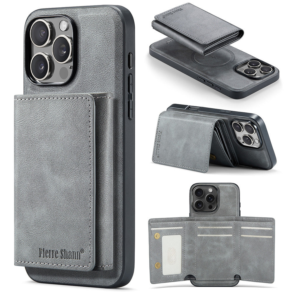 2-in-1 PU Leather MagSafe Case with Tri-Fold Wallet Stand for iPhone 11–17 Series