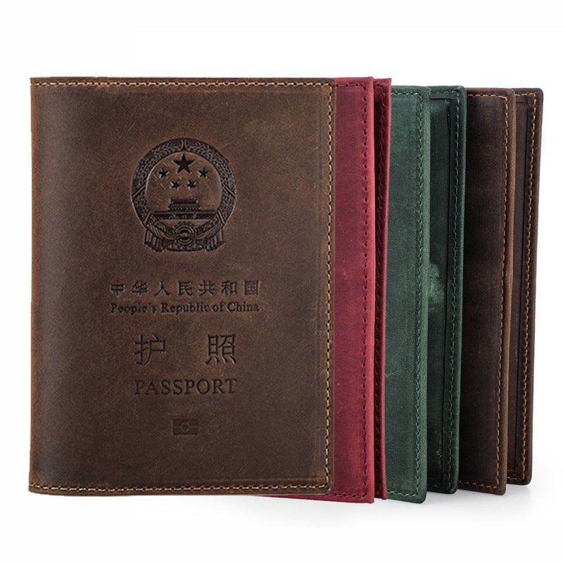 Black Vintage Crazy Horse Leather RFID-Blocking Family Passport Wallet with AirTag Pocket
