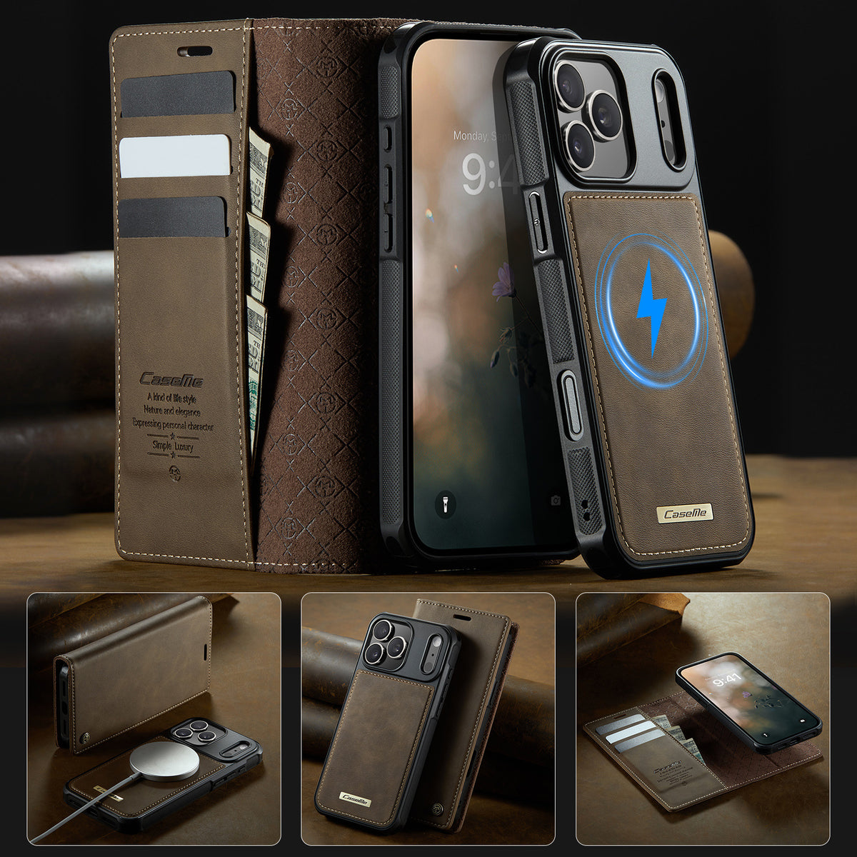 Detachable Leather Flip Case with MagSafe for iPhone 11-17 Pro Max